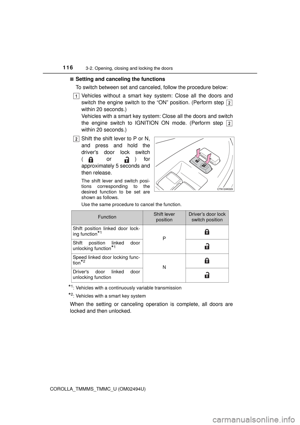 TOYOTA COROLLA 2017 11.G User Guide 1163-2. Opening, closing and locking the doors
COROLLA_TMMMS_TMMC_U (OM02494U)■
Setting and canceling the functions
To switch between set and canceled, follow the procedure below:
Vehicles without a