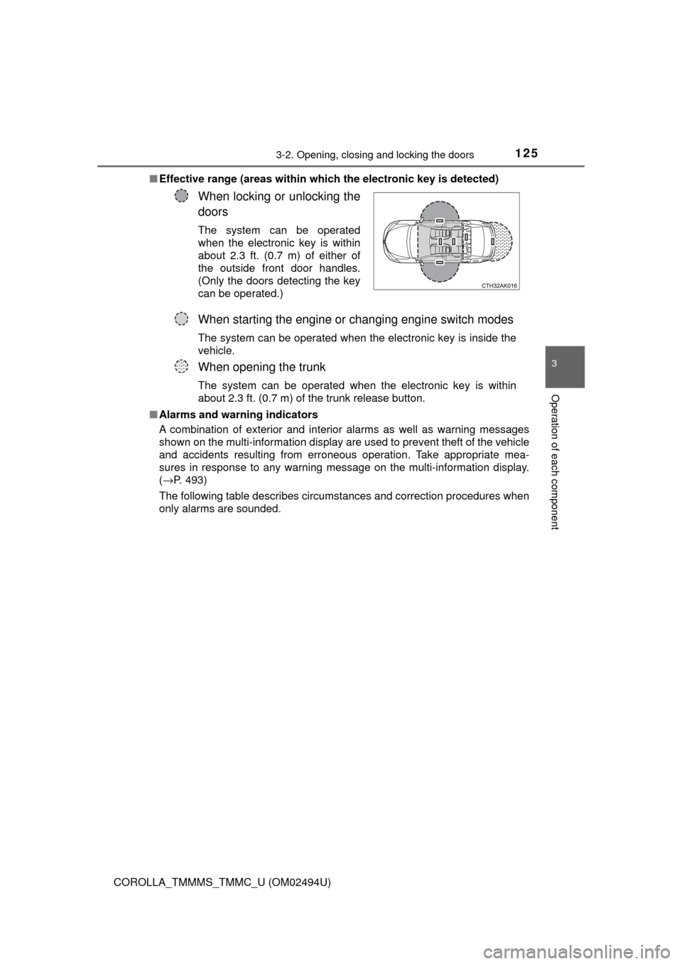 TOYOTA COROLLA 2017 11.G Owners Manual 1253-2. Opening, closing and locking the doors
3
Operation of each component
COROLLA_TMMMS_TMMC_U (OM02494U)■Effective range (areas within which the electronic key is detected)
■Alarms and warning