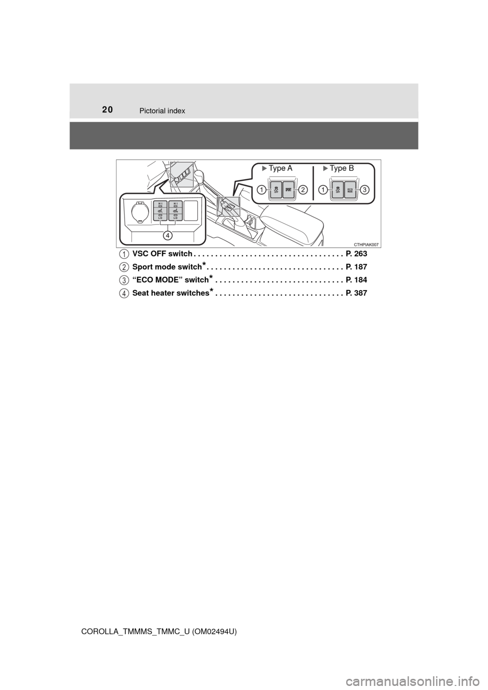 TOYOTA COROLLA 2017 11.G Owners Manual 20Pictorial index
COROLLA_TMMMS_TMMC_U (OM02494U)VSC OFF switch . . . . . . . . . . . . . . . . . . . . . . . . . . . . . . . . . . .  P. 263
Sport mode switch
*. . . . . . . . . . . . . . . . . . . .