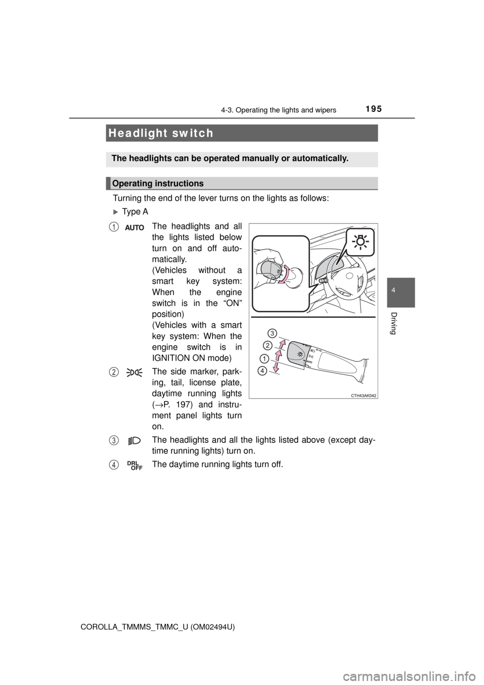 TOYOTA COROLLA 2017 11.G Owners Manual 195
4
Driving
COROLLA_TMMMS_TMMC_U (OM02494U)
4-3. Operating the lights and wipers
Turning the end of the lever turns on the lights as follows:
Ty p e  A
The headlights and all
the lights listed be