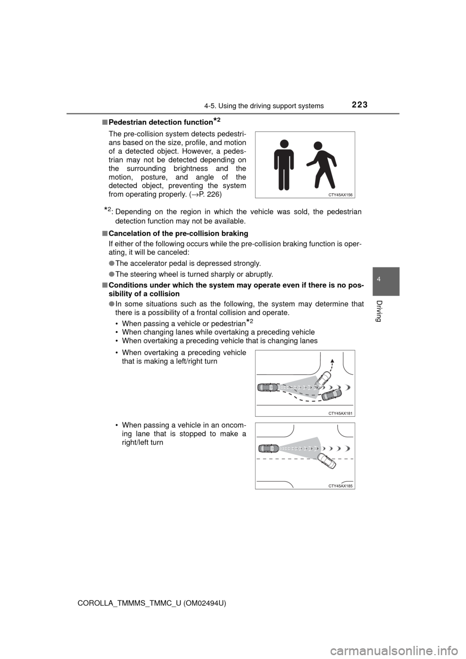 TOYOTA COROLLA 2017 11.G Owners Manual 2234-5. Using the driving support systems
4
Driving
COROLLA_TMMMS_TMMC_U (OM02494U)■Pedestrian detection function
*2
*2: Depending on the region in which the vehicle was sold, the pedestrian
detecti