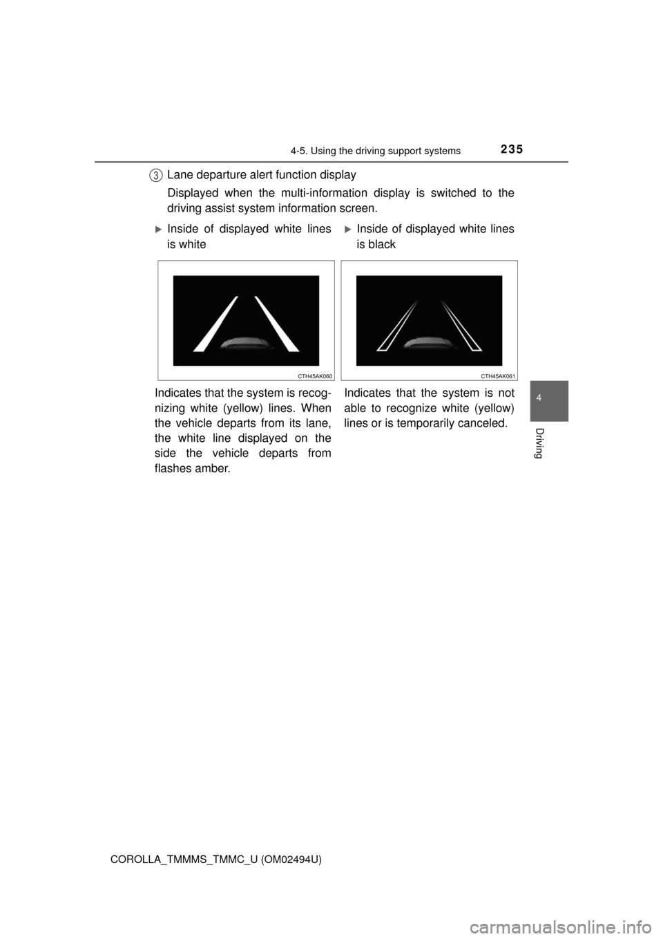 TOYOTA COROLLA 2017 11.G Owners Manual 2354-5. Using the driving support systems
4
Driving
COROLLA_TMMMS_TMMC_U (OM02494U)
Lane departure alert function display
Displayed when the multi-information display is switched to the
driving assist