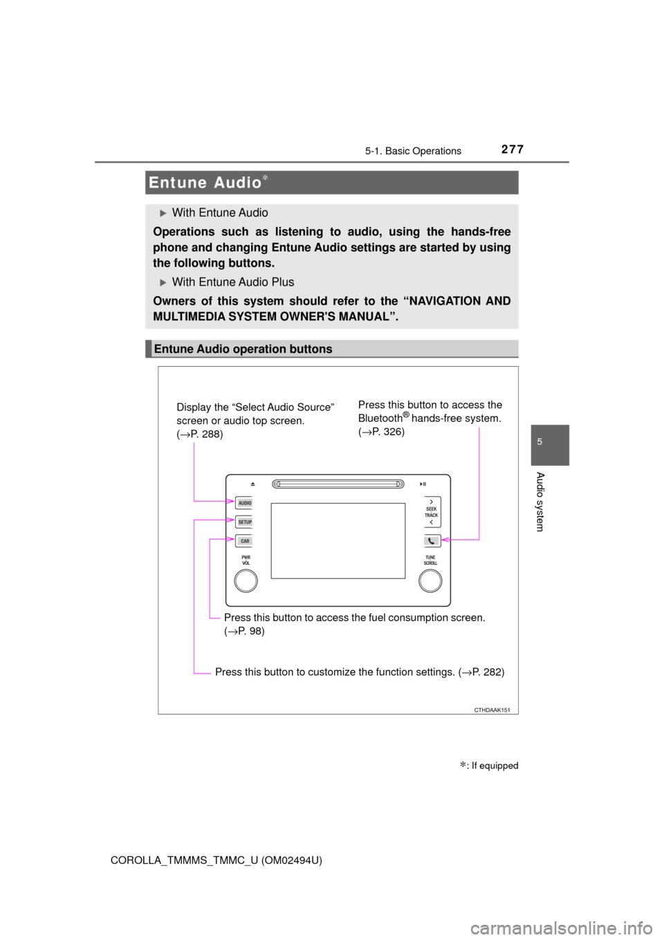 TOYOTA COROLLA 2017 11.G Owners Manual 2775-1. Basic Operations
5
Audio system
COROLLA_TMMMS_TMMC_U (OM02494U)
Entune Audio∗
∗: If equipped
With Entune Audio
Operations such as listening to audio, using the hands-free
phone and chan TOYOTA COROLLA 2017 11.G Owners Manual 2775-1. Basic Operations
5
Audio system
COROLLA_TMMMS_TMMC_U (OM02494U)
Entune Audio∗
∗: If equipped
With Entune Audio
Operations such as listening to audio, using the hands-free
phone and chan