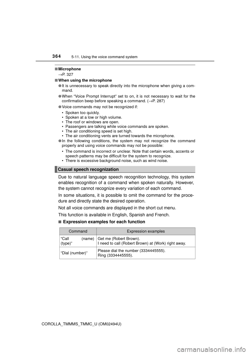 TOYOTA COROLLA 2017 11.G Owners Manual 3645-11. Using the voice command system
COROLLA_TMMMS_TMMC_U (OM02494U)
■Microphone
→P. 327
■When using the microphone
●It is unnecessary to speak directly into the microphone when giving a co TOYOTA COROLLA 2017 11.G Owners Manual 3645-11. Using the voice command system
COROLLA_TMMMS_TMMC_U (OM02494U)
■Microphone
→P. 327
■When using the microphone
●It is unnecessary to speak directly into the microphone when giving a co