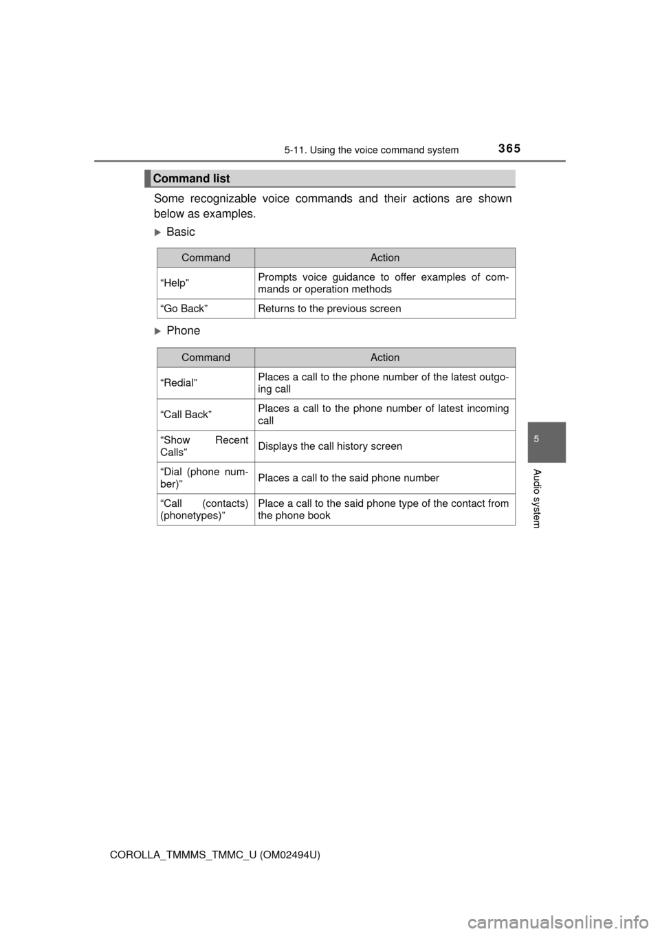 TOYOTA COROLLA 2017 11.G Owners Manual 3655-11. Using the voice command system
5
Audio system
COROLLA_TMMMS_TMMC_U (OM02494U)
Some recognizable voice commands and their actions are shown
below as examples.
Basic
Phone
Command list
Co TOYOTA COROLLA 2017 11.G Owners Manual 3655-11. Using the voice command system
5
Audio system
COROLLA_TMMMS_TMMC_U (OM02494U)
Some recognizable voice commands and their actions are shown
below as examples.
Basic
Phone
Command list
Co