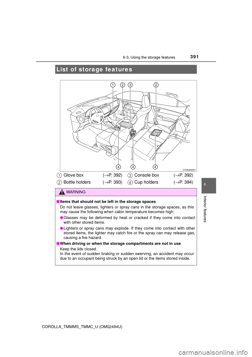 TOYOTA COROLLA 2017 11.G Owners Manual 391
6
Interior features
COROLLA_TMMMS_TMMC_U (OM02494U)
6-3. Using the storage features
List of storage features
Glove box  (→P. 392)
Bottle holders (→P. 393)Console box  (→P. 392)
Cup holders  