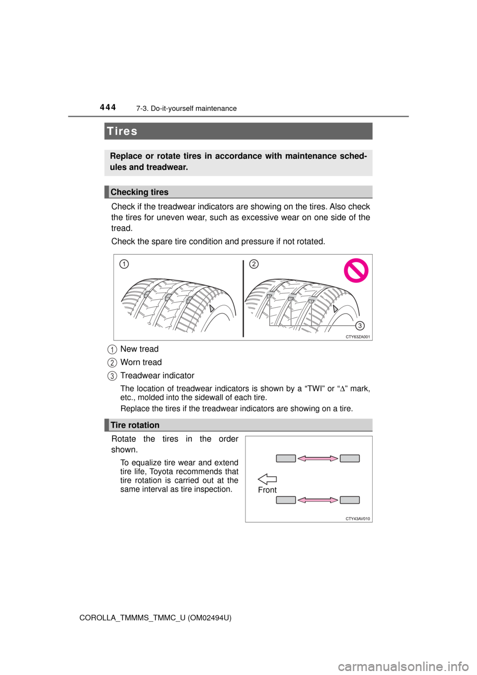 TOYOTA COROLLA 2017 11.G Owners Manual 4447-3. Do-it-yourself maintenance
COROLLA_TMMMS_TMMC_U (OM02494U)
Check if the treadwear indicators are showing on the tires. Also check
the tires for uneven wear, such as excessive wear on one side TOYOTA COROLLA 2017 11.G Owners Manual 4447-3. Do-it-yourself maintenance
COROLLA_TMMMS_TMMC_U (OM02494U)
Check if the treadwear indicators are showing on the tires. Also check
the tires for uneven wear, such as excessive wear on one side
