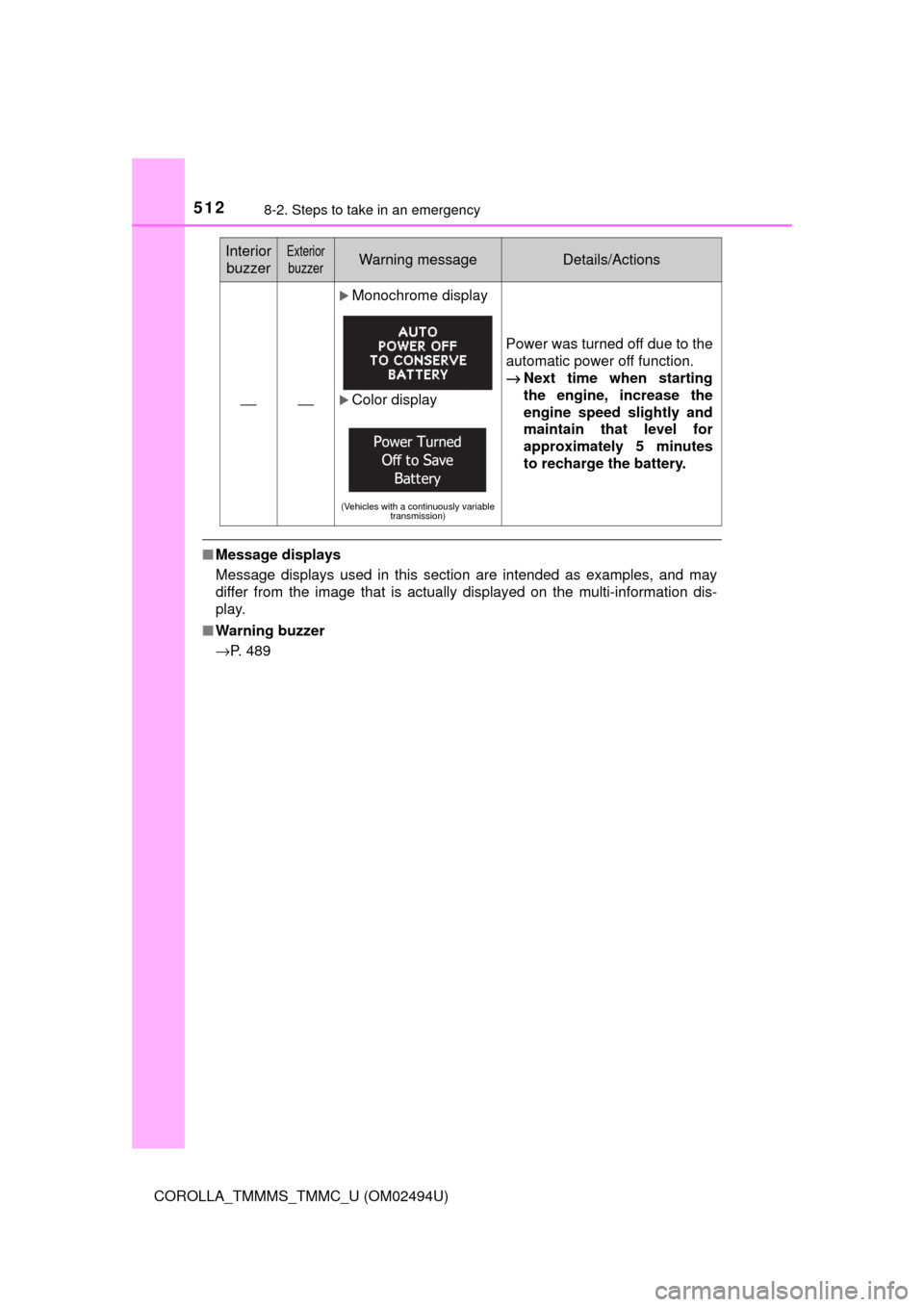 TOYOTA COROLLA 2017 11.G Owners Manual 5128-2. Steps to take in an emergency
COROLLA_TMMMS_TMMC_U (OM02494U)
■Message displays
Message displays used in this section are intended as examples, and may
differ from the image that is actually