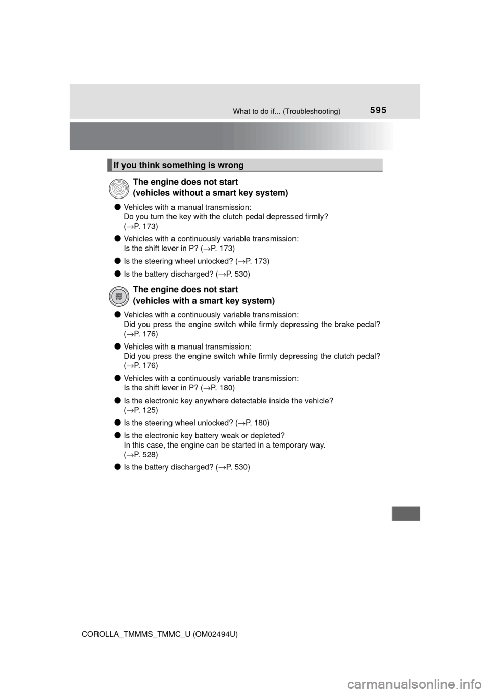 TOYOTA COROLLA 2017 11.G Owners Manual 595What to do if... (Troubleshooting)
COROLLA_TMMMS_TMMC_U (OM02494U)
●Vehicles with a manual transmission:
Do you turn the key with the clutch pedal depressed firmly? 
(→P. 173)
●Vehicles with 