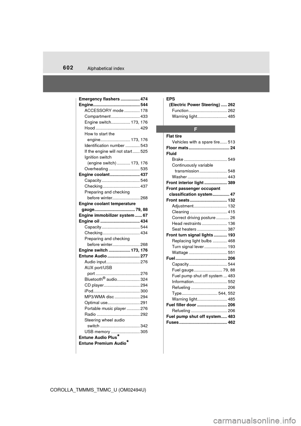 TOYOTA COROLLA 2017 11.G Owners Manual 602Alphabetical index
COROLLA_TMMMS_TMMC_U (OM02494U)
Emergency flashers ................ 474
Engine....................................... 544
ACCESSORY mode ............. 178
Compartment ...........