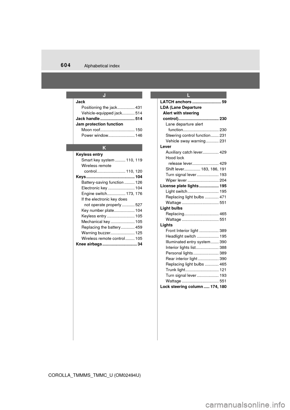 TOYOTA COROLLA 2017 11.G Owners Manual 604Alphabetical index
COROLLA_TMMMS_TMMC_U (OM02494U)
Jack
Positioning the jack ............... 431
Vehicle-equipped jack........... 514
Jack handle .............................. 514
Jam protection f