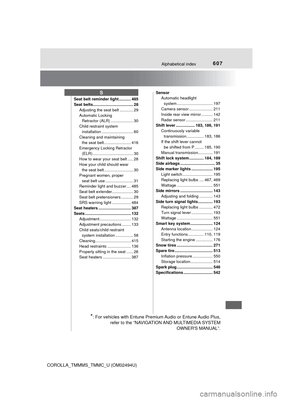 TOYOTA COROLLA 2017 11.G User Guide 607Alphabetical index
COROLLA_TMMMS_TMMC_U (OM02494U)
Seat belt reminder light........... 485
Seat belts.................................... 28
Adjusting the seat belt ............ 29
Automatic Lockin