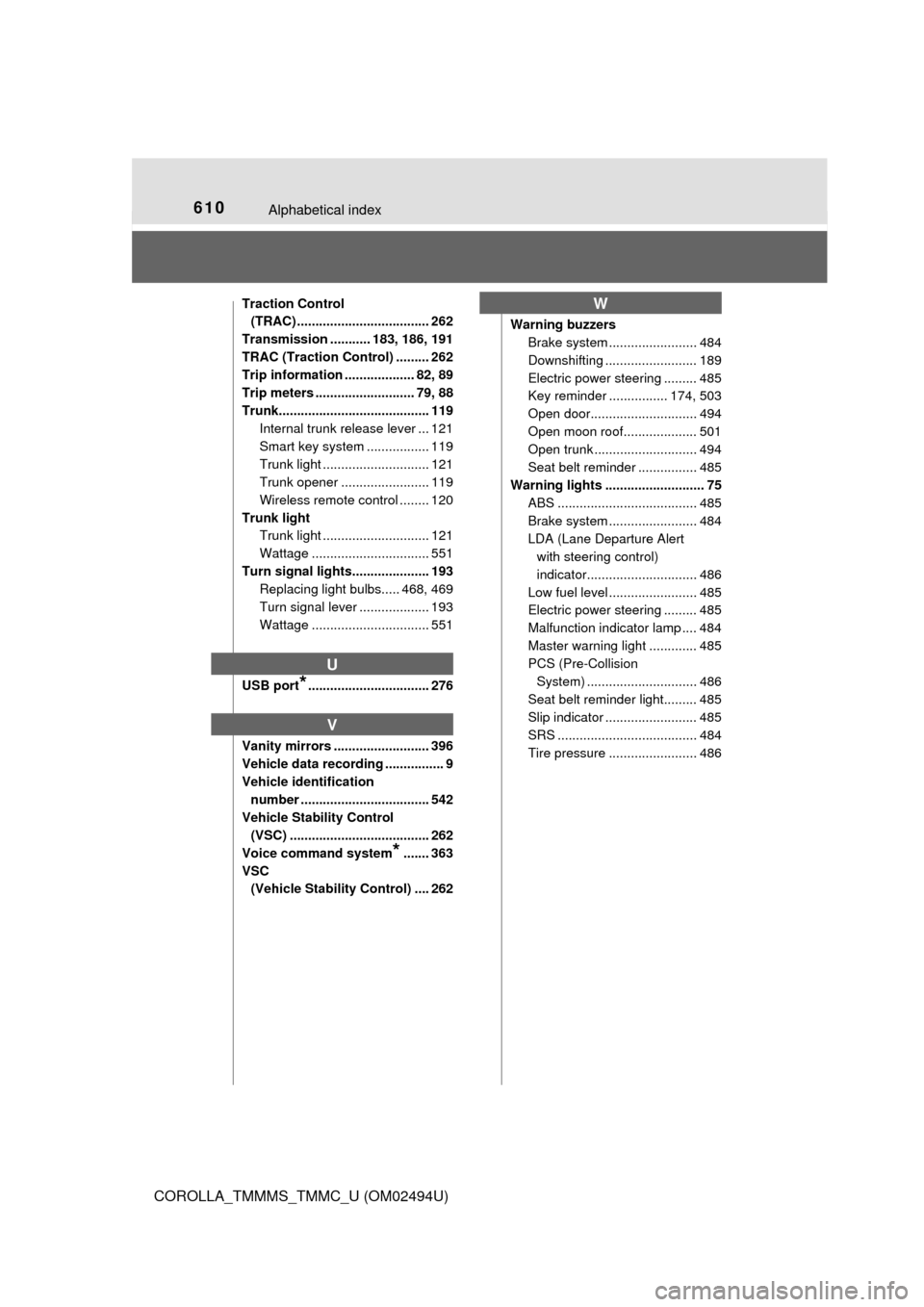 TOYOTA COROLLA 2017 11.G Service Manual 610Alphabetical index
COROLLA_TMMMS_TMMC_U (OM02494U)
Traction Control 
(TRAC) .................................... 262
Transmission ........... 183, 186, 191
TRAC (Traction Control) ......... 262
Tri