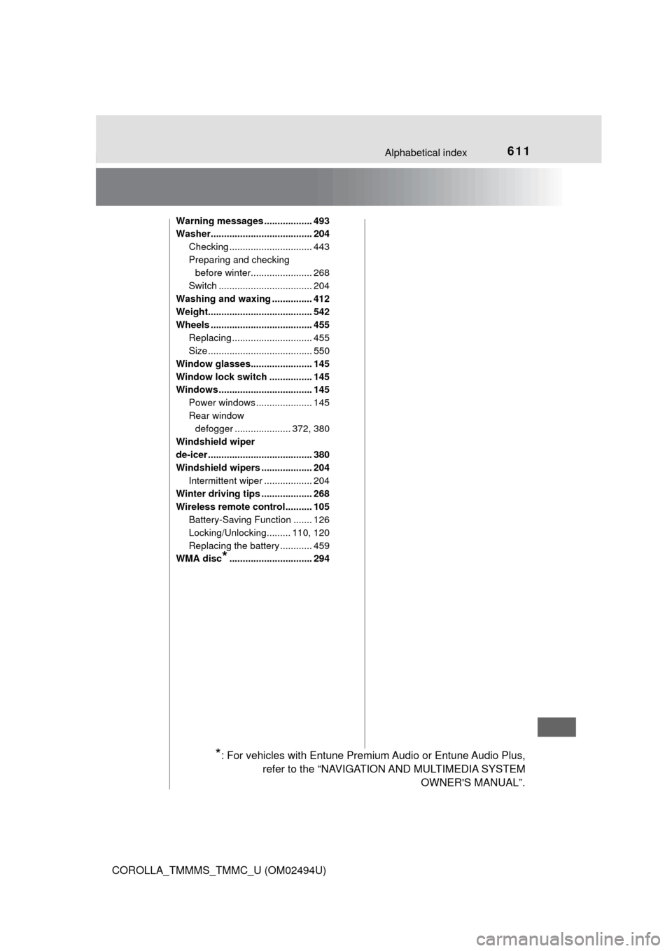 TOYOTA COROLLA 2017 11.G Owners Manual 611Alphabetical index
COROLLA_TMMMS_TMMC_U (OM02494U)
Warning messages .................. 493
Washer...................................... 204
Checking ............................... 443
Preparing an