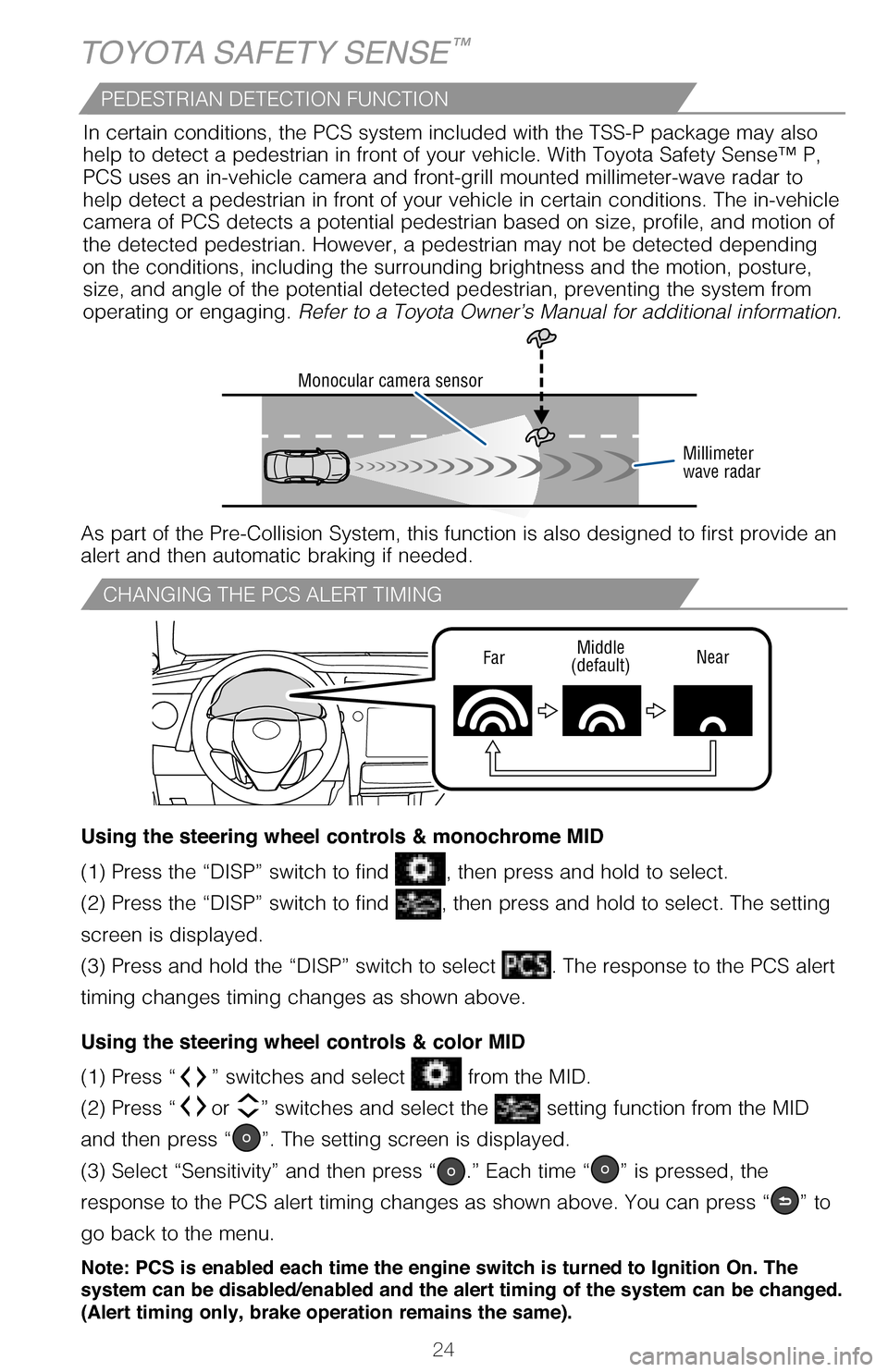 TOYOTA COROLLA 2017 11.G Quick Reference Guide 24
CHANGING THE PCS ALERT TIMING
FarMiddle(default)Near
TOYOTA SAFETY SENSE™
(1) Press “” switches and select from the MID.
(2) Press “or ” switches and select the setting function from TOYOTA COROLLA 2017 11.G Quick Reference Guide 24
CHANGING THE PCS ALERT TIMING
FarMiddle(default)Near
TOYOTA SAFETY SENSE™
(1) Press “” switches and select from the MID.
(2) Press “or ” switches and select the setting function from