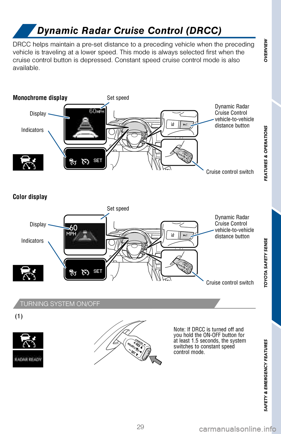 TOYOTA COROLLA 2017 11.G Quick Reference Guide 29
OVERVIEW
FEATURES
& OPERATIONS
TOYOTA
SAFETY
SENSE
SAFETY
& EMERGENCY
FEATURES
DRCC helps maintain a pre-set distance to a preceding vehicle when the preceding
vehicle is traveling at a lowe TOYOTA COROLLA 2017 11.G Quick Reference Guide 29
OVERVIEW
FEATURES
& OPERATIONS
TOYOTA
SAFETY
SENSE
SAFETY
& EMERGENCY
FEATURES
DRCC helps maintain a pre-set distance to a preceding vehicle when the preceding
vehicle is traveling at a lowe