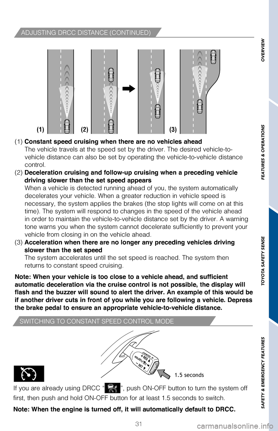 TOYOTA COROLLA 2017 11.G Quick Reference Guide 31
OVERVIEW
FEATURES & OPERATIONS
TOYOTA SAFETY SENSE
SAFETY & EMERGENCY FEATURES
SWITCHING TO CONSTANT SPEED CONTROL MODE
If you are already using DRCC “”, push ON-OFF button to turn the system o TOYOTA COROLLA 2017 11.G Quick Reference Guide 31
OVERVIEW
FEATURES & OPERATIONS
TOYOTA SAFETY SENSE
SAFETY & EMERGENCY FEATURES
SWITCHING TO CONSTANT SPEED CONTROL MODE
If you are already using DRCC “”, push ON-OFF button to turn the system o