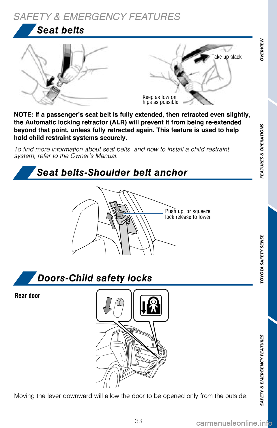 TOYOTA COROLLA 2017 11.G Quick Reference Guide 33
OVERVIEW
FEATURES & OPERATIONS
TOYOTA SAFETY SENSE
SAFETY & EMERGENCY FEATURES
Doors-Child safety locks
SAFETY & EMERGENCY FEATURES
Keep as low on  hips as possible
Take up slack
NOTE: If a passeng