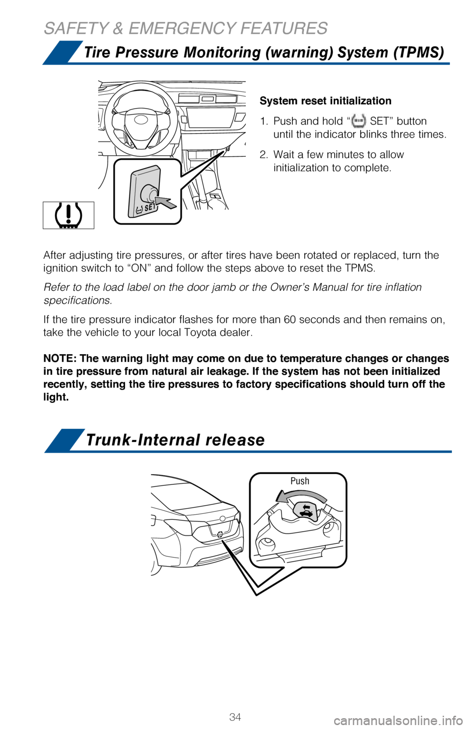 TOYOTA COROLLA 2017 11.G Quick Reference Guide 34
SAFETY & EMERGENCY FEATURES
Trunk-Internal release
System reset initialization 
1. Push and hold “ SET” button 
 until the indicator blinks three times.
2. Wait a few minutes to allow
 initiali