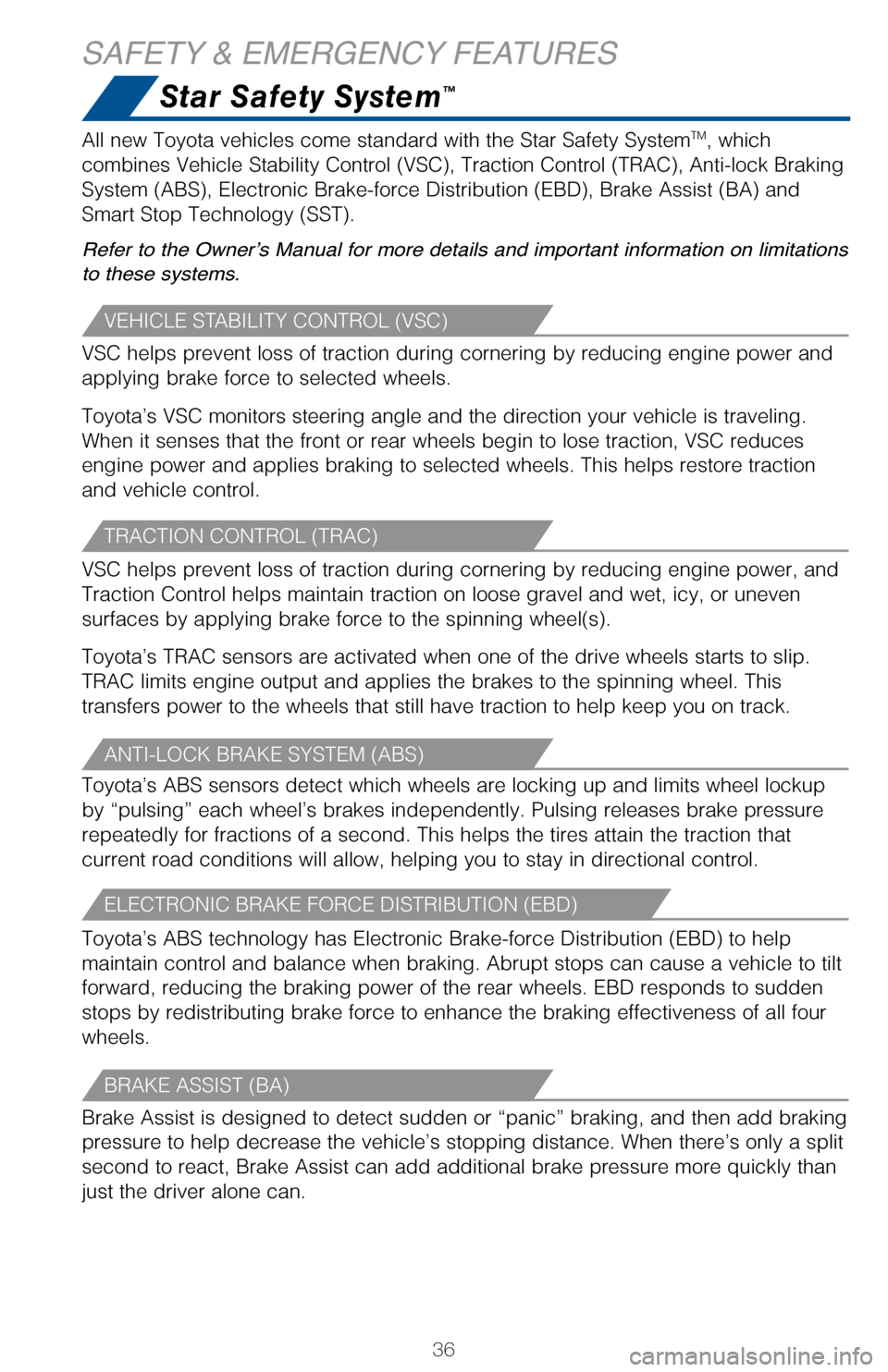 TOYOTA COROLLA 2017 11.G Quick Reference Guide 36
Star Safety System™
VEHICLE STABILITY CONTROL (VSC)
TRACTION CONTROL (TRAC)
ANTI-LOCK BRAKE SYSTEM (ABS)
ELECTRONIC BRAKE FORCE DISTRIBUTION (EBD)
BRAKE ASSIST (BA)
VSC helps prevent loss of trac