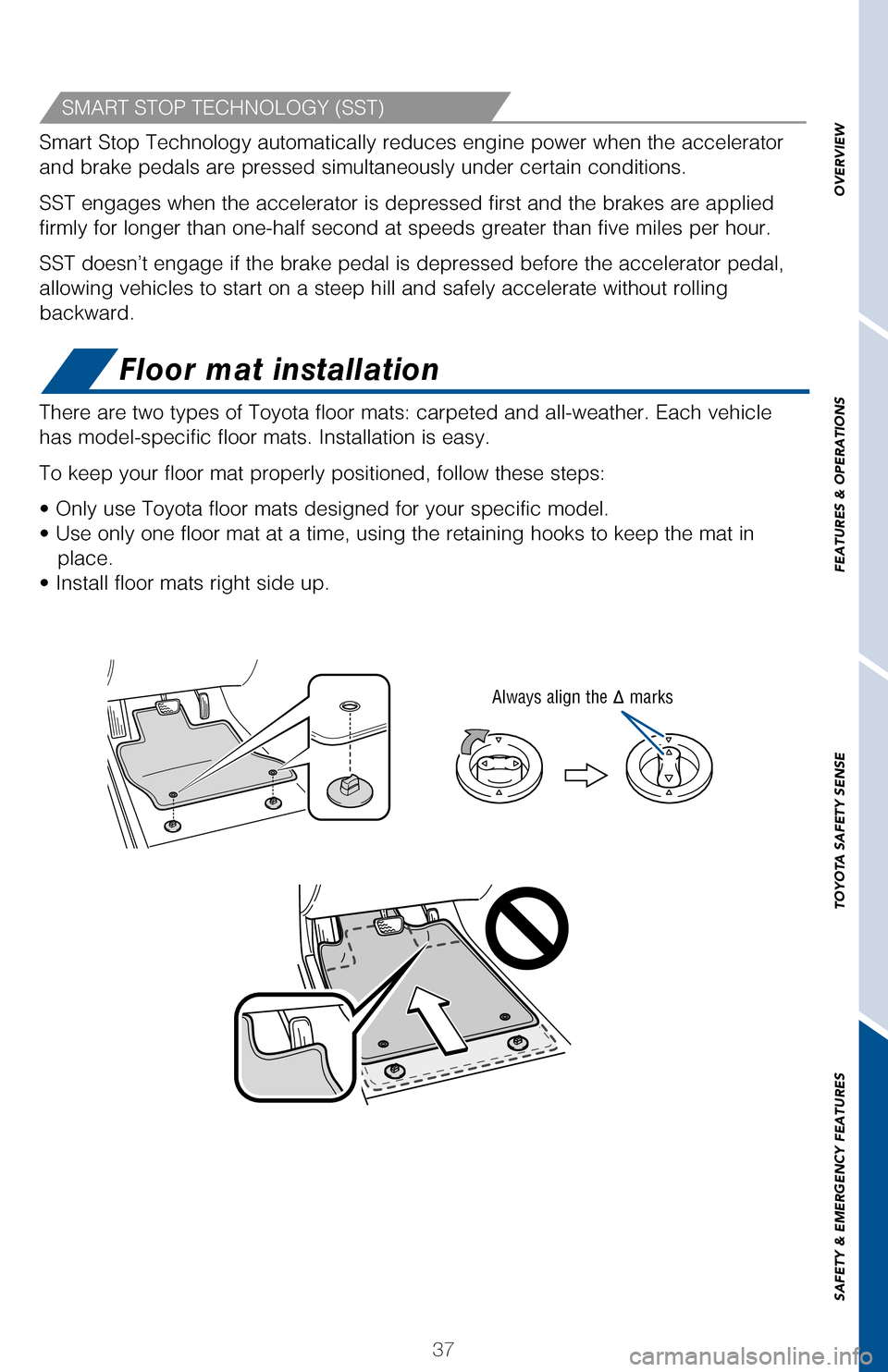 TOYOTA COROLLA 2017 11.G Quick Reference Guide 37
OVERVIEW
FEATURES
& OPERATIONS
TOYOTA
SAFETY
SENSE
SAFETY
& EMERGENCY
FEATURES
Floor mat installation
SMART STOP TECHNOLOGY (SST)
There are two types of Toyota floor mats: carpeted and all-wea TOYOTA COROLLA 2017 11.G Quick Reference Guide 37
OVERVIEW
FEATURES
& OPERATIONS
TOYOTA
SAFETY
SENSE
SAFETY
& EMERGENCY
FEATURES
Floor mat installation
SMART STOP TECHNOLOGY (SST)
There are two types of Toyota floor mats: carpeted and all-wea