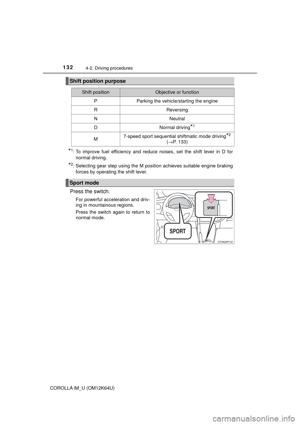 TOYOTA COROLLA iM 2017 11.G Owners Manual 1324-2. Driving procedures
COROLLA iM_U (OM12K64U)
*1: To improve fuel efficiency and reduce noises, set the shift lever in D for
normal driving.
*2: Selecting gear step using the M position achieves 