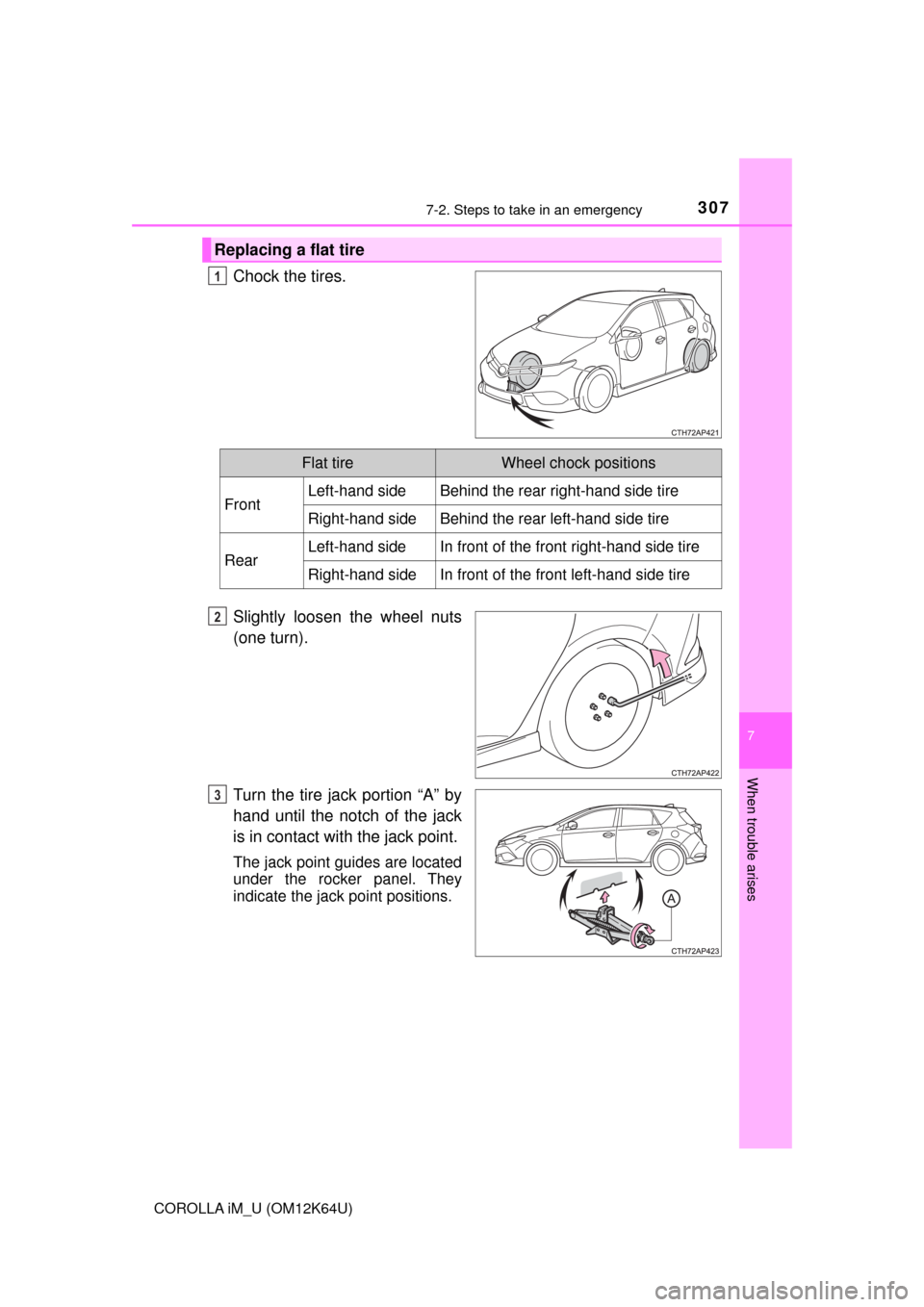TOYOTA COROLLA iM 2017 11.G Owners Manual 3077-2. Steps to take in an emergency
7
When trouble arises
COROLLA iM_U (OM12K64U)
Chock the tires.
Slightly loosen the wheel nuts
(one turn).
Turn the tire jack portion “A” by
hand until the not TOYOTA COROLLA iM 2017 11.G Owners Manual 3077-2. Steps to take in an emergency
7
When trouble arises
COROLLA iM_U (OM12K64U)
Chock the tires.
Slightly loosen the wheel nuts
(one turn).
Turn the tire jack portion “A” by
hand until the not