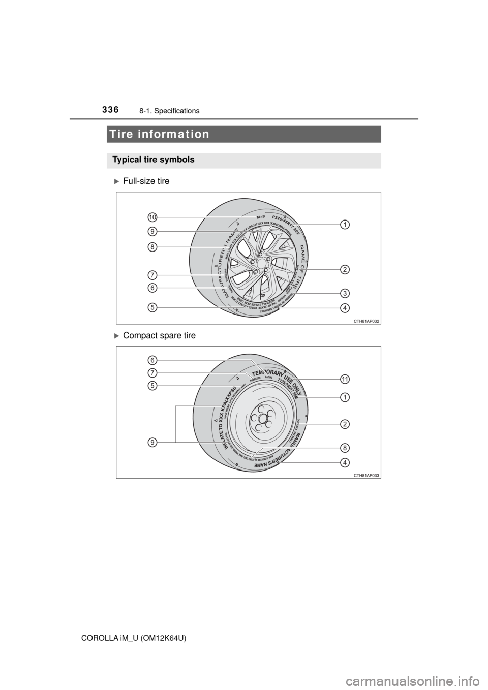 TOYOTA COROLLA iM 2017 11.G Owners Manual 3368-1. Specifications
COROLLA iM_U (OM12K64U)
Full-size tire
Compact spare tire
Tire information
Typical tire symbols TOYOTA COROLLA iM 2017 11.G Owners Manual 3368-1. Specifications
COROLLA iM_U (OM12K64U)
Full-size tire
Compact spare tire
Tire information
Typical tire symbols