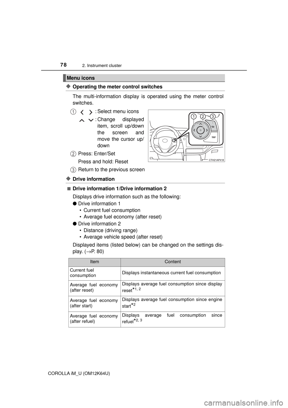 TOYOTA COROLLA iM 2017 11.G Manual PDF 782. Instrument cluster
COROLLA iM_U (OM12K64U)
◆Operating the meter control switches
The multi-information display is operated using the meter control
switches.
: Select menu icons
: Change display TOYOTA COROLLA iM 2017 11.G Manual PDF 782. Instrument cluster
COROLLA iM_U (OM12K64U)
◆Operating the meter control switches
The multi-information display is operated using the meter control
switches.
: Select menu icons
: Change display