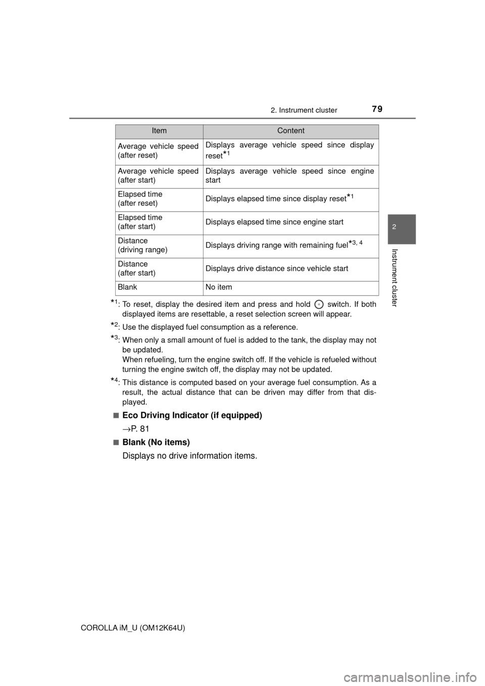 TOYOTA COROLLA iM 2017 11.G Manual PDF 792. Instrument cluster
2
Instrument cluster
COROLLA iM_U (OM12K64U)
*1: To reset, display the desired item and press and hold switch. If both
displayed items are resettable, a reset selection scree TOYOTA COROLLA iM 2017 11.G Manual PDF 792. Instrument cluster
2
Instrument cluster
COROLLA iM_U (OM12K64U)
*1: To reset, display the desired item and press and hold switch. If both
displayed items are resettable, a reset selection scree