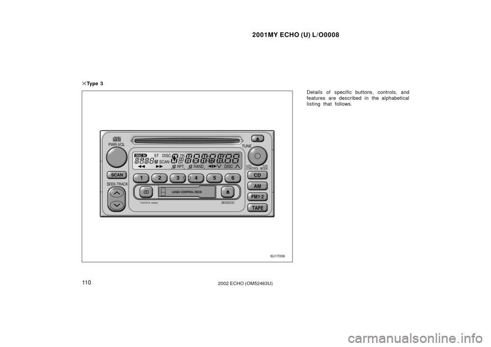 TOYOTA ECHO 2002 1.G Owners Manual 2001MY ECHO (U) L/O0008
11 02002 ECHO (OM52463U)
Details of specific buttons, controls, and
features are described in the alphabetical
listing that follows.

Ty p e  3
SU17006 