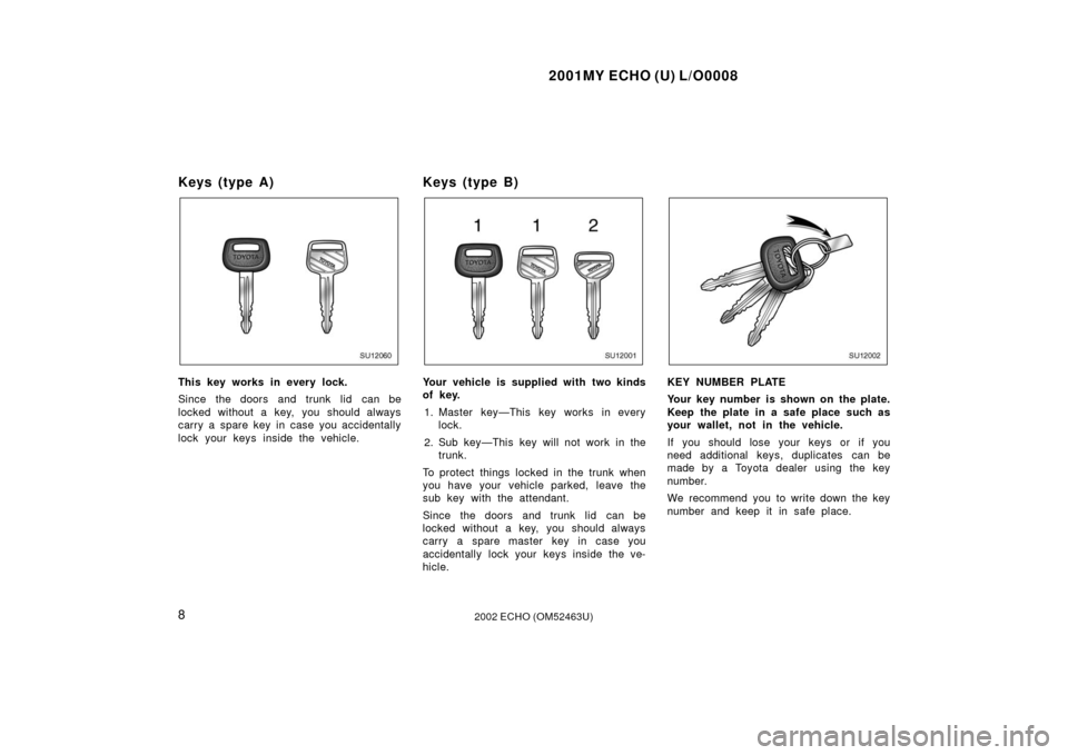 TOYOTA ECHO 2002 1.G User Guide 2001MY ECHO (U) L/O0008
82002 ECHO (OM52463U)
Keys (type A)
SU12060
This key works in every lock.
Since the doors and trunk lid can be
locked without a key, you should always
carry a spare key in ca TOYOTA ECHO 2002 1.G User Guide 2001MY ECHO (U) L/O0008
82002 ECHO (OM52463U)
Keys (type A)
SU12060
This key works in every lock.
Since the doors and trunk lid can be
locked without a key, you should always
carry a spare key in ca