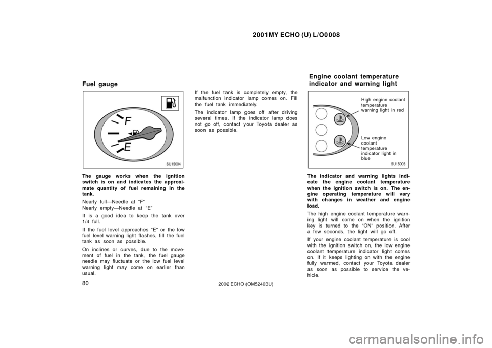 TOYOTA ECHO 2002 1.G Owners Manual 2001MY ECHO (U) L/O0008
802002 ECHO (OM52463U)
Fuel gauge
SU15004
The gauge works when the ignition
switch is on and indicates the approxi-
mate quantity of fuel remaining in the
tank.
Nearly full—N