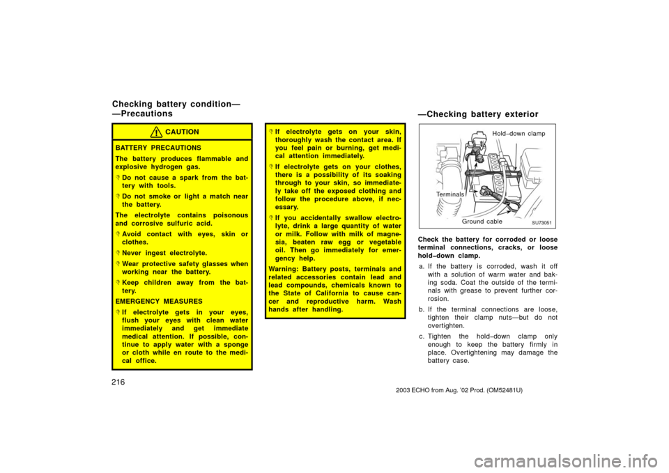 TOYOTA ECHO 2003 1.G Owners Manual 216
CAUTION
BATTERY PRECAUTIONS
The battery produces flammable and
explosive hydrogen gas.
Do not cause a spark from the bat-
tery with tools.
Do not smoke or light a match near
the battery.
The ele