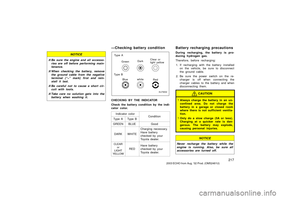 TOYOTA ECHO 2003 1.G Owners Manual 217
NOTICE
Be sure the engine and all accesso-
ries are off before performing main-
tenance.
 When checking the battery, remove
the ground cable from the negative
terminal (“�” mark) first and r