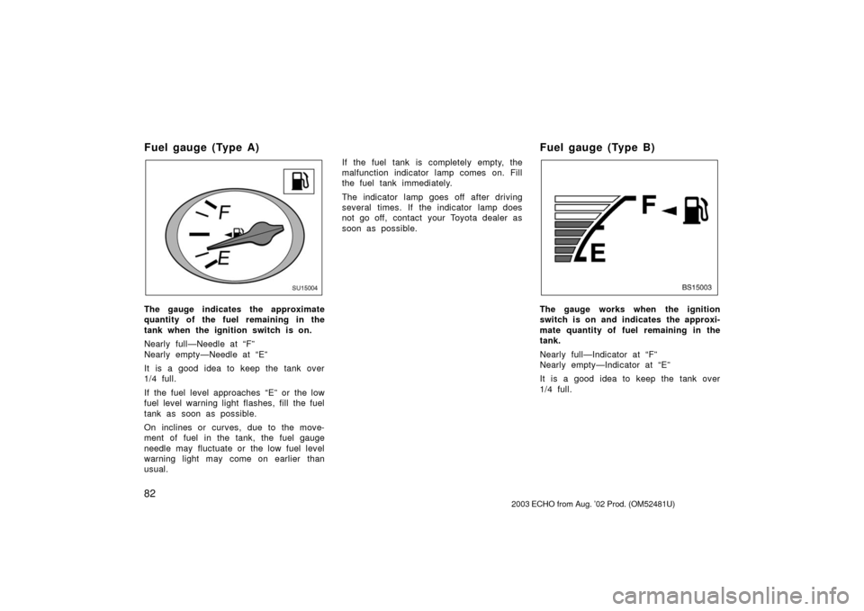 TOYOTA ECHO 2003 1.G Owners Manual 82
Fuel gauge (Type A)
SU15004
The gauge indicates the approximate
quantity of the fuel remaining in the
tank when the ignition switch is on.
Nearly full—Needle at “F”
Nearly empty—Needle at �