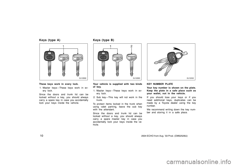 TOYOTA ECHO 2004 1.G Owners Manual 102004 ECHO from Aug. ’03 Prod. (OM52526U)
Keys (type A)
SU12062
These keys work in every lock.
1. Master keys—These keys work in ev-
ery lock.
Since the doors and trunk  lid  can be
locked withou