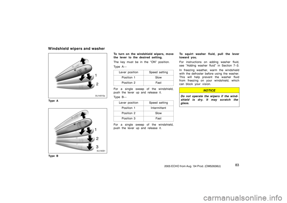 TOYOTA ECHO 2005 1.G Owners Manual 832005 ECHO from Aug. ’04 Prod. (OM52636U)
SU14015a
Ty p e A
SU14031
Ty p e B
To turn on the windshield wipers, move
the lever to the desired setting.
The key must be in the “ON” position.
Ty p 
