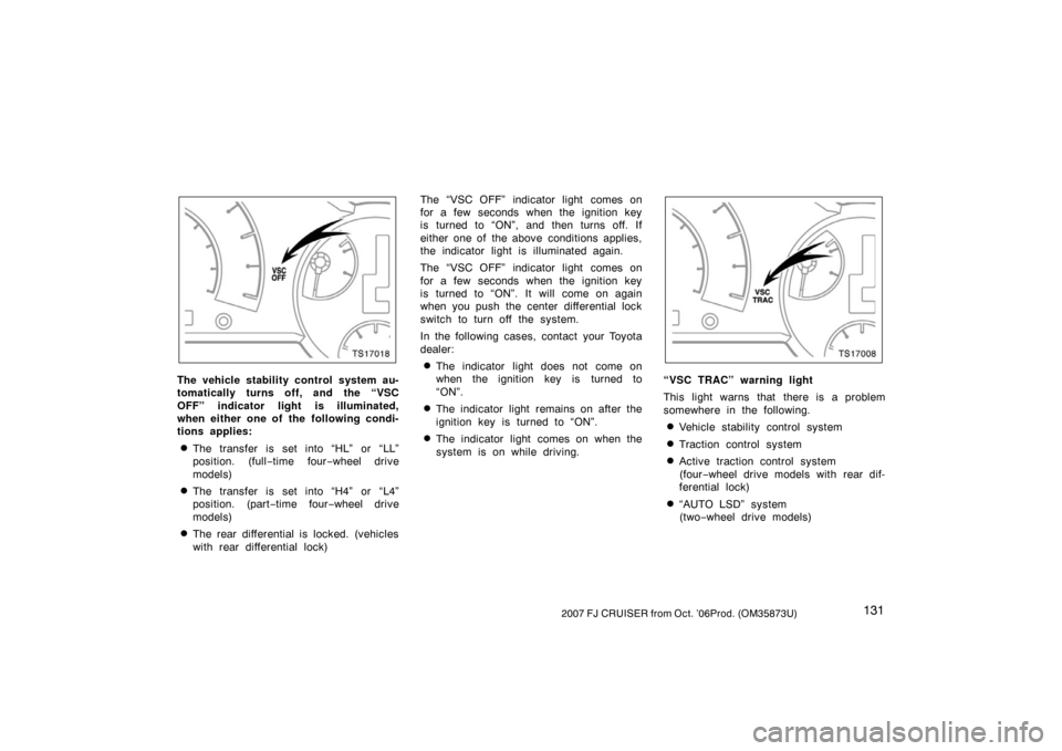 TOYOTA FJ CRUISER 2007 1.G Owners Manual 1312007 FJ CRUISER from Oct. ’06Prod. (OM35873U)
TS17018
The vehicle stability control system au-
tomatically turns off, and the “VSC
OFF” indicator light is illuminated,
when either one of the 