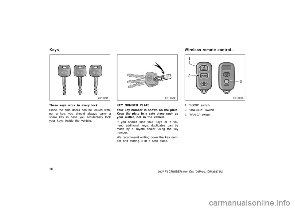 TOYOTA FJ CRUISER 2007 1.G User Guide 102007 FJ CRUISER from Oct. ’06Prod. (OM35873U)
LS12001
These keys work in every lock.
Since the side doors  can be locked with-
out a key, you should always  carry a
spare key in case you accidenta