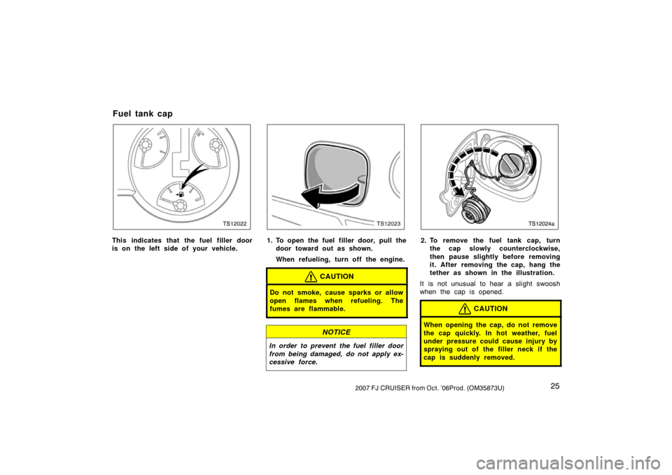 TOYOTA FJ CRUISER 2007 1.G Owners Manual 252007 FJ CRUISER from Oct. ’06Prod. (OM35873U)
TS12022
This indicates that the fuel filler door
is on the left side of your vehicle.
TS12023
1. To open the fuel filler door, pull thedoor toward out