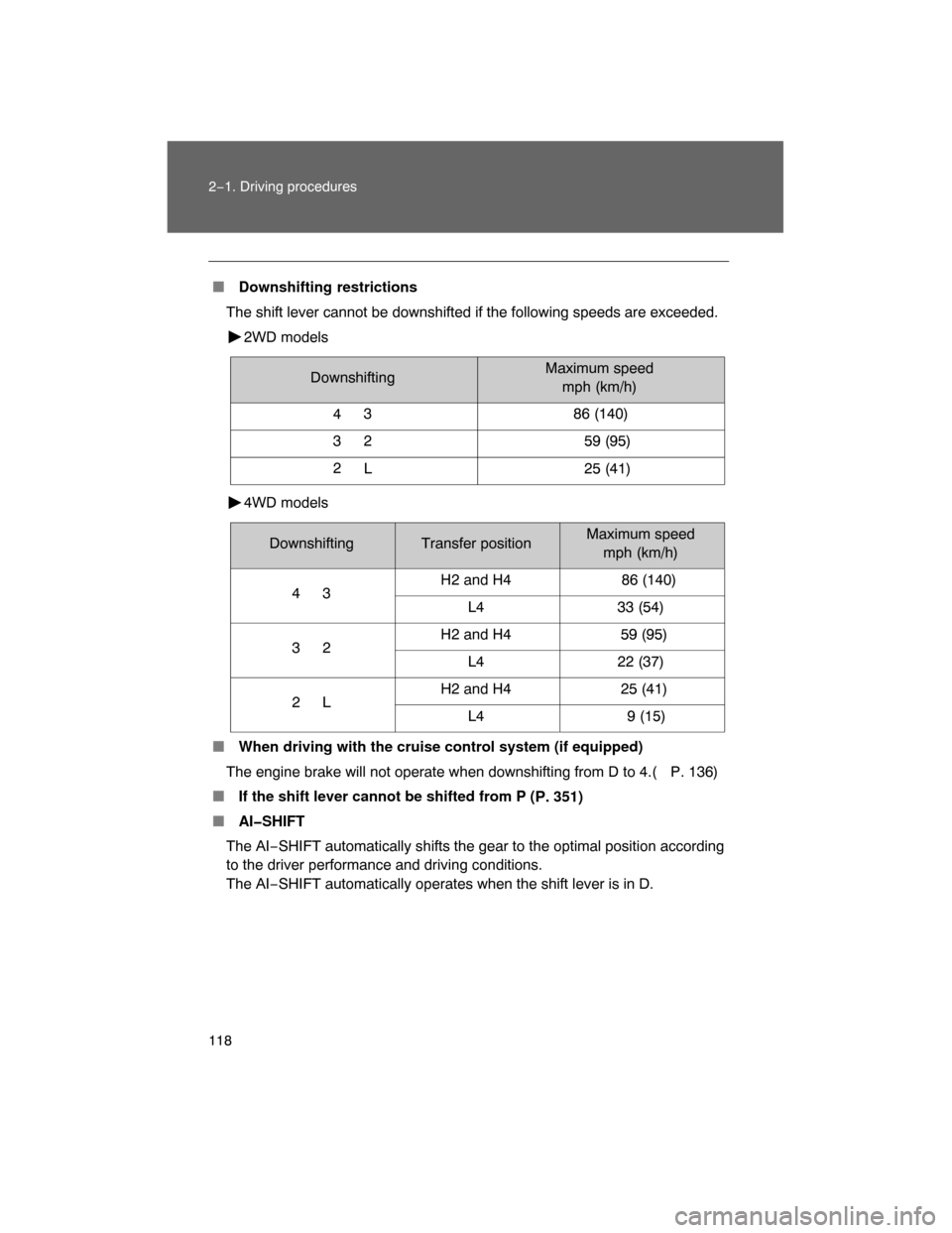TOYOTA FJ CRUISER 2008 1.G Owners Manual 118 2−1. Driving procedures
 Downshifting restrictions
The shift lever cannot be downshifted if the following speeds are exceeded.
2WD models
4WD models
 When driving with the cruise control syste