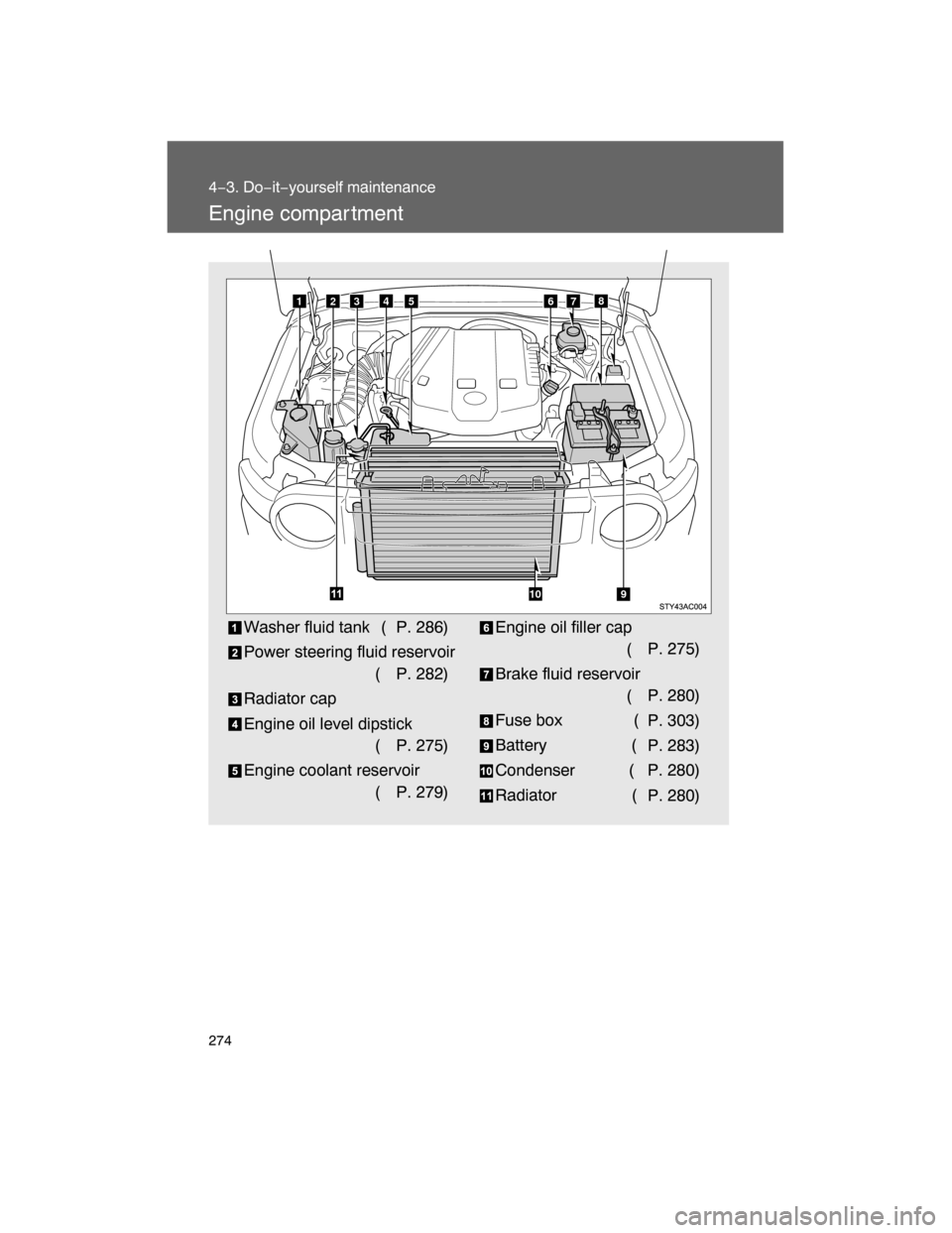TOYOTA FJ CRUISER 2008 1.G Owners Manual 274
4−3. Do−it−yourself maintenance
Engine compar tment
Washer fluid tank (P. 286)
Power steering fluid reservoir
(P. 282)
Radiator cap
Engine oil level dipstick
(P. 275)
Engine coolant reservoi