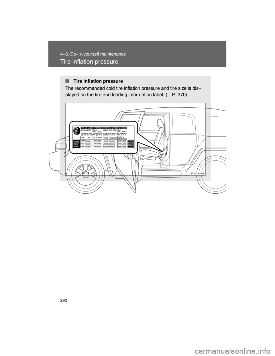 TOYOTA FJ CRUISER 2008 1.G Owners Manual 292
4−3. Do−it−yourself maintenance
Tire inflation pressure
 Tire inflation pressure
The recommended cold tire inflation pressure and tire size is dis−
played on the tire and loading informat