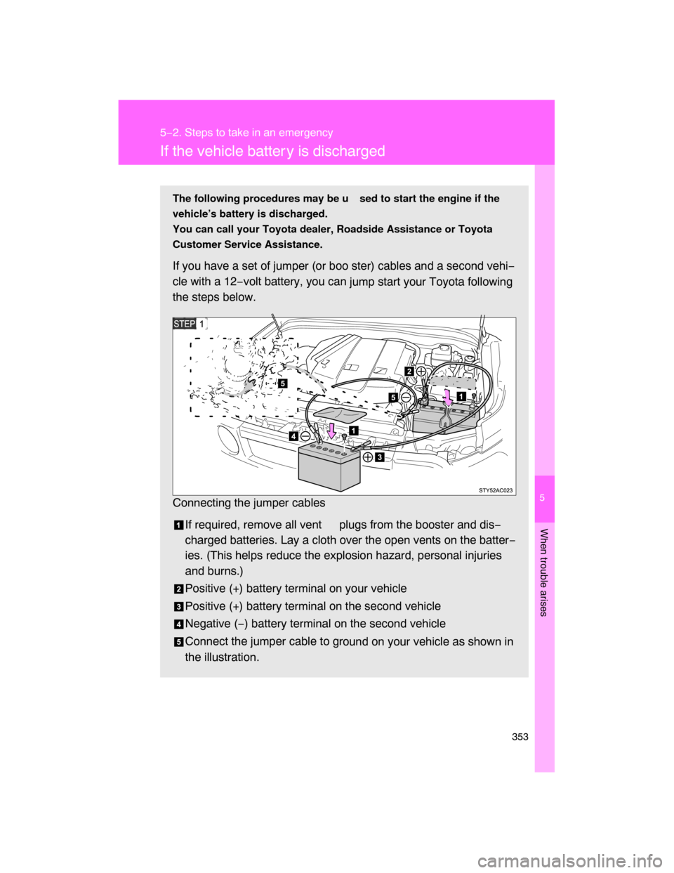 TOYOTA FJ CRUISER 2008 1.G Owners Manual 5
When trouble arises
353
5−2. Steps to take in an emergency
If the vehicle batter y is discharged
The following procedures may be u sed to start the engine if the
vehicle’s battery is discharged.