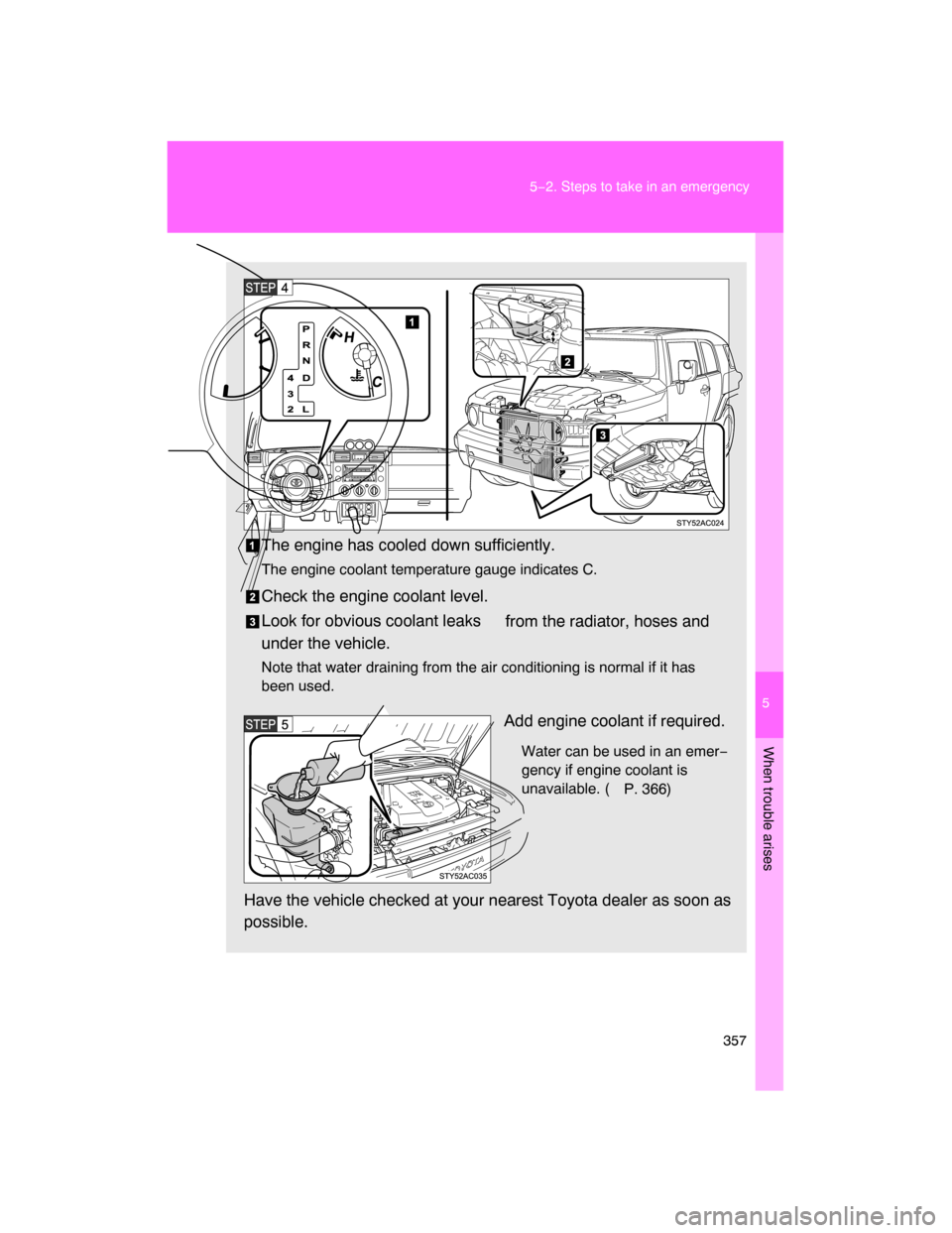 TOYOTA FJ CRUISER 2008 1.G Owners Manual 5
When trouble arises
357 5−2. Steps to take in an emergency
The engine has cooled down sufficiently.
The engine coolant temperature gauge indicates C.
Check the engine coolant level.
Look for obvio