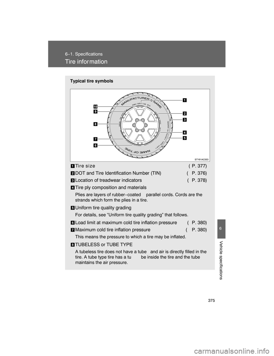TOYOTA FJ CRUISER 2008 1.G Owners Manual 375
6−1. Specifications
6
Vehicle specifications
Tire infor mation
Typical tire symbols
Ti r e  s i z e ( P. 377)
DOT and Tire Identification Number (TIN) ( P. 376)
Location of treadwear indicators 