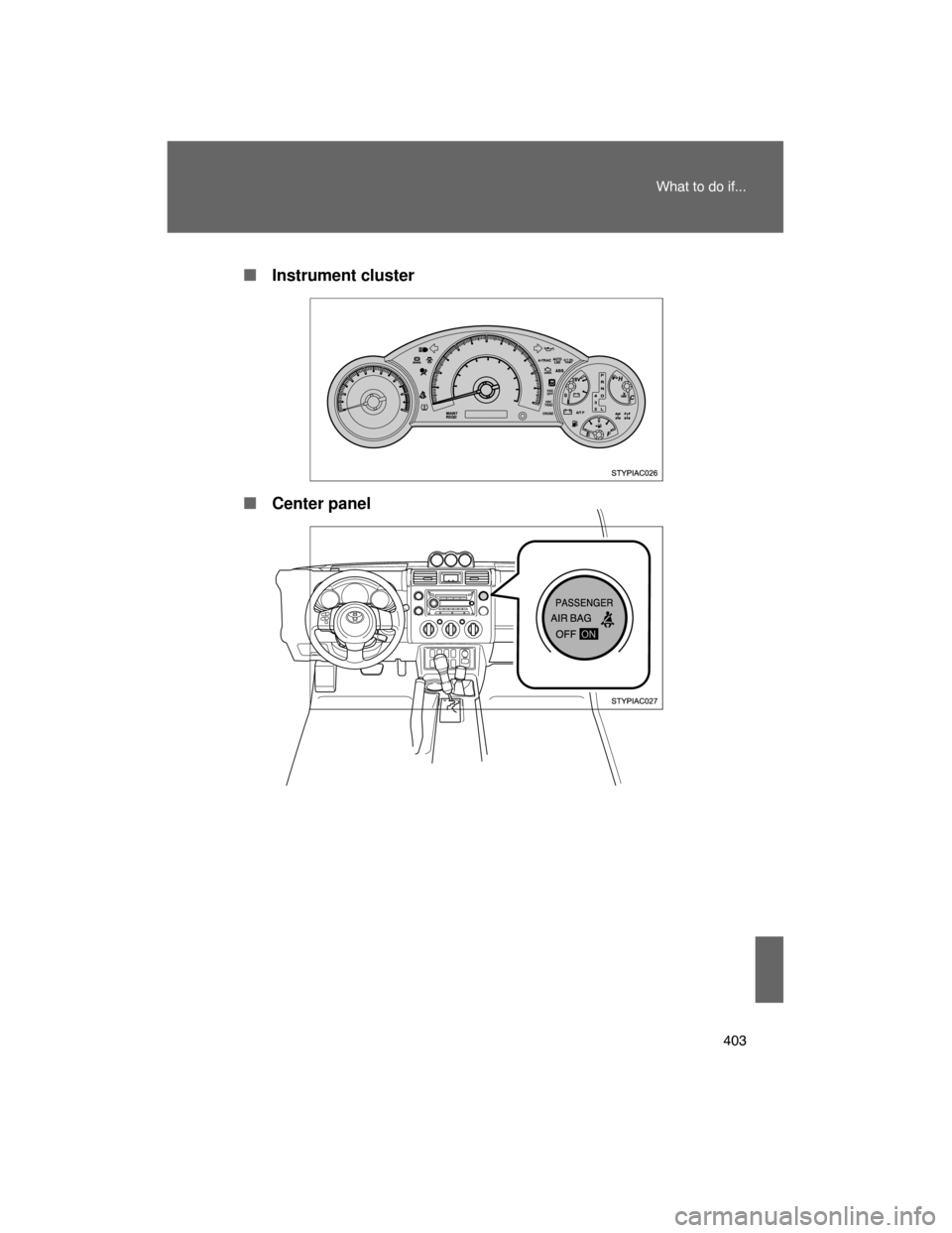 TOYOTA FJ CRUISER 2008 1.G Owners Manual 403
What to do if...
 Instrument cluster
 Center panel 