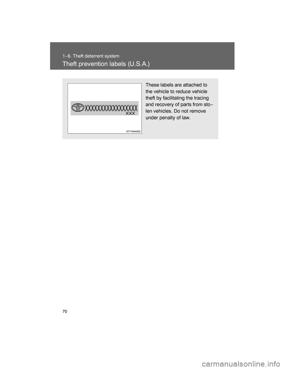 TOYOTA FJ CRUISER 2008 1.G Repair Manual 70
1−6. Theft deterrent system
Theft prevention labels (U.S.A.)
These labels are attached to
the vehicle to reduce vehicle
theft by facilitating the tracing
and recovery of parts from sto−
len veh