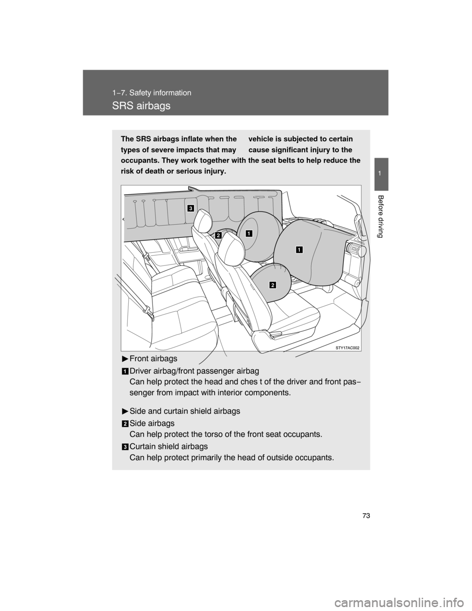 TOYOTA FJ CRUISER 2008 1.G Manual PDF 73
1
1−7. Safety information
Before driving
SRS airbags
The SRS airbags inflate when the vehicle is subjected to certain
types of severe impacts that may cause significant injury to the
occupants. T